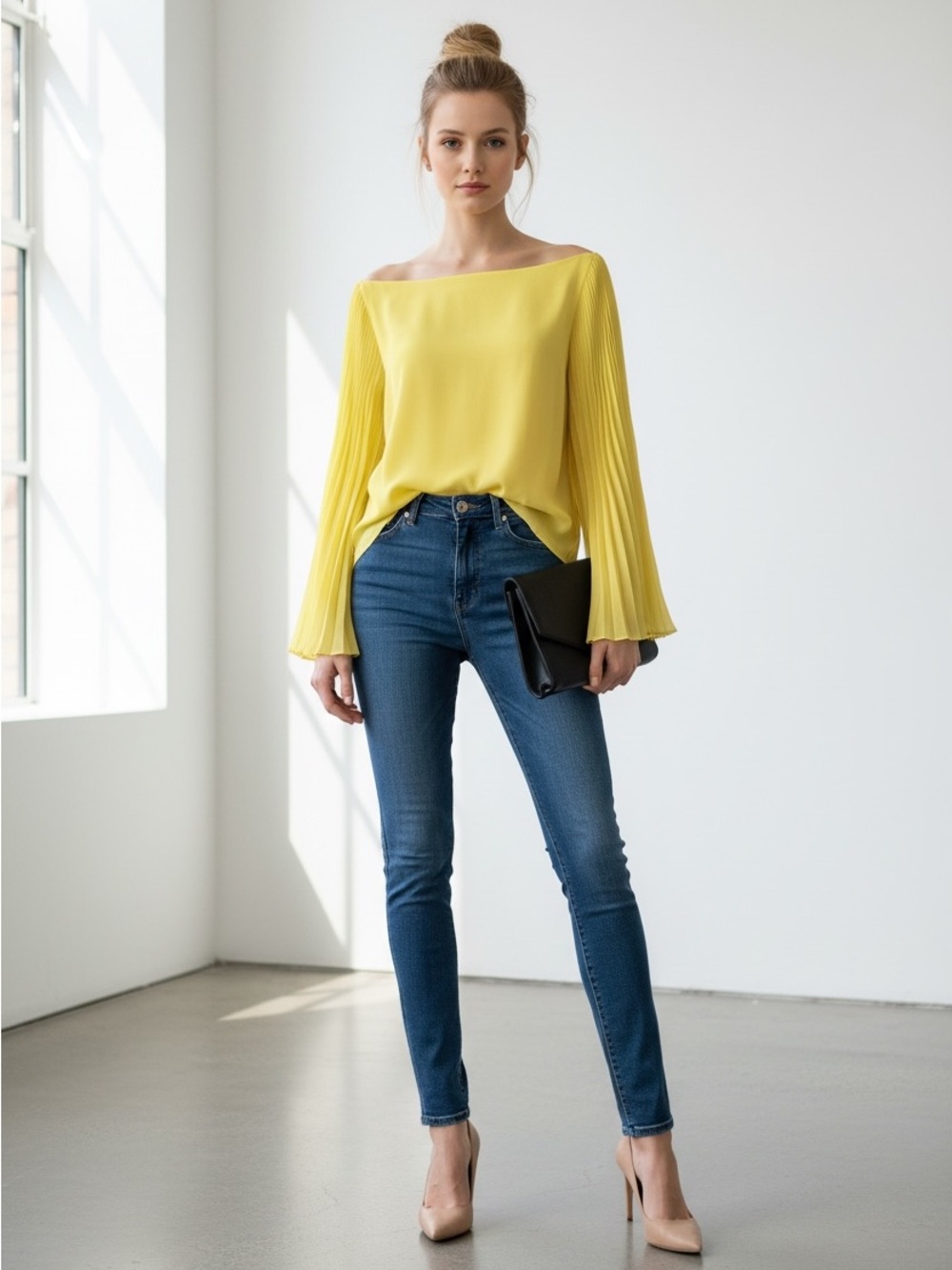 💛 Alice + Olivia Yellow Pleated Bell Sleeve Chiffon Blouse | Boat Neck | Size M